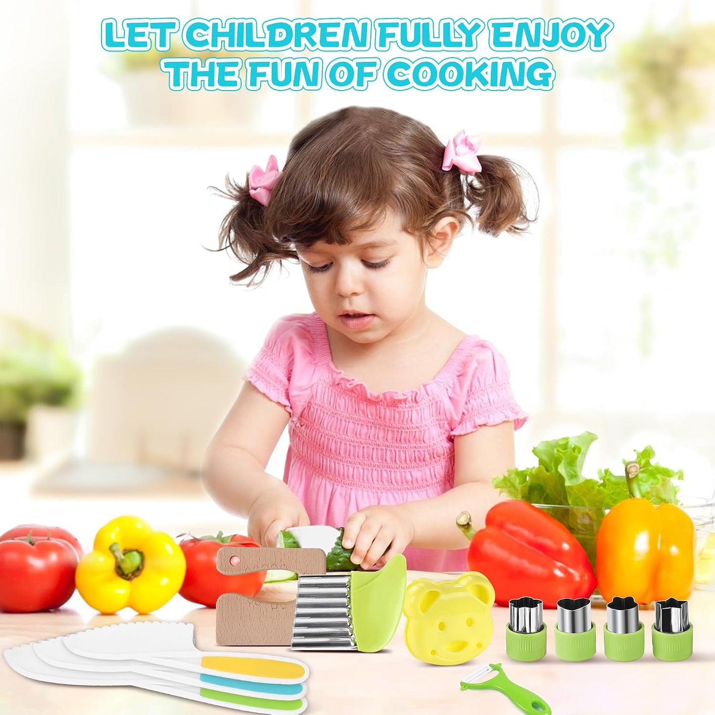 9PCS Montessori Kitchen Tools Cookware Baking Toy, Kids Knife Set for Real Cooking with Cutting Boards, Crinkle Cutte, Y Peeler, Serrated Edges Plastic Toddler Knife Kid Safe Knives