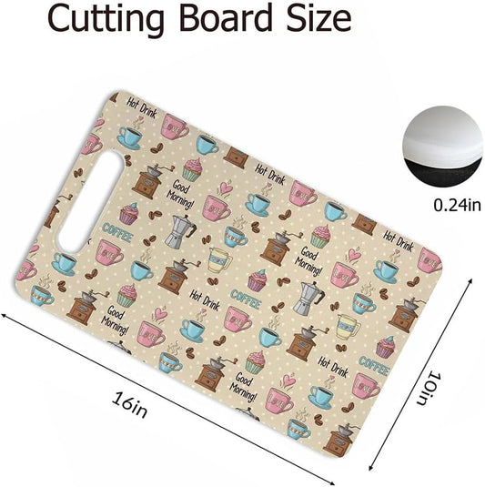 Coffee Set Cutting Board with Handles Coffee Maker Muffin Cup Flower Hot Drink Love Cutting Boards Plastic Safe Chopping Board for Kitchen 16" x 10" x 0.24"