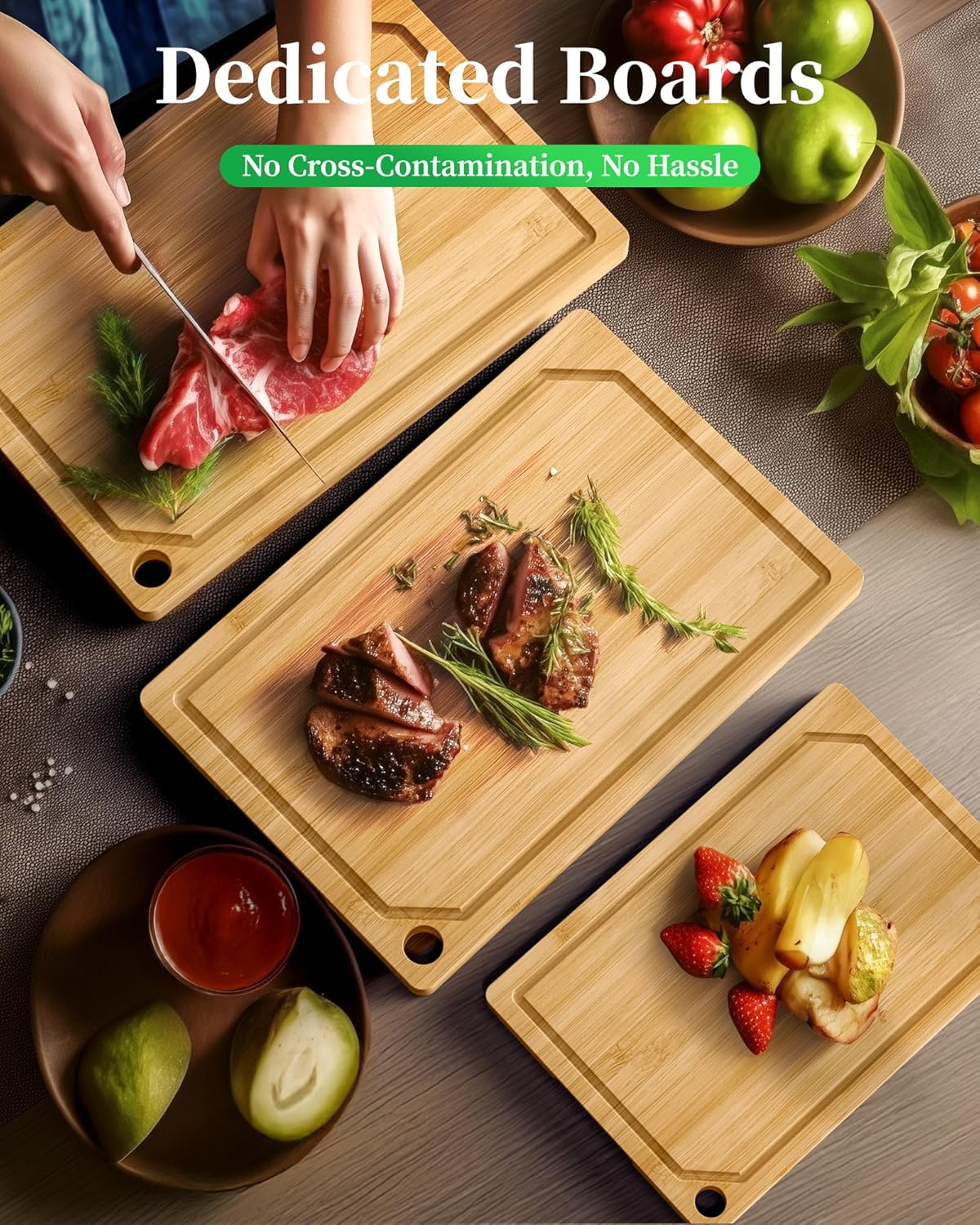 Bamboo Cutting Board - Multi-Sizes Wooden Cutting Boards for Kitchen, Convenient Kitchen Essentials with Deep Juice Grooves, Cutting Board for Chopping & Serving, Large, Natural