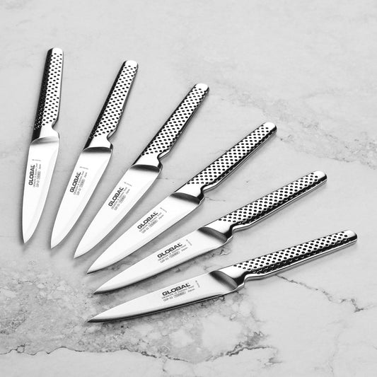 Global Fine Edge Steak Knife Set - Made in Japan - 6 Knives with Wood Case