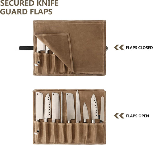 Chef Knife Roll Bag, 9 Pockets Canvas Knife Case, Knife Bag, Knife Wrap Wallet, Cutlery Knife Pouch Holders Protectors for Chef Knives Kitchen Utensils, Tool Roll (Brown)