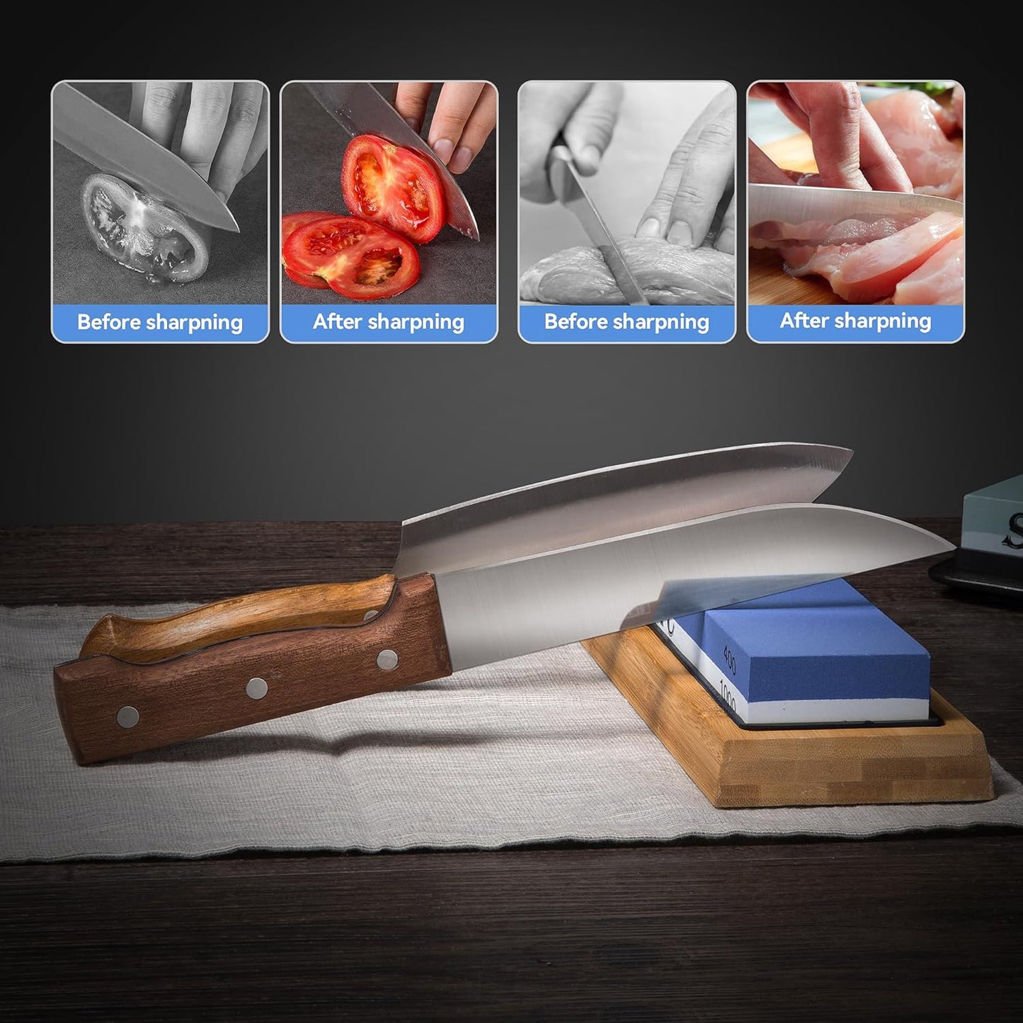 Knife Sharpening Stone Whetstone 4 Side Grit 400/1000 3000/8000 Stone Knife Sharpeners with Nonslip Rubber Bases, Wood Base, Flattening Stone, and Leather Strop