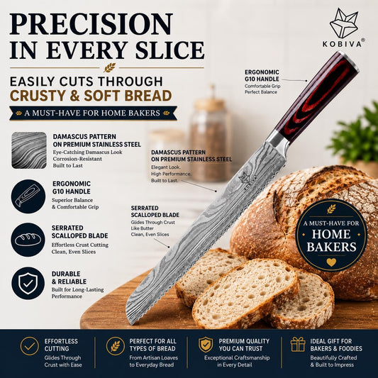 Premium 10-inch Serrated Bread Knife | Razor Sharp Cutter for Homemade Bread, Sourdough & Cake | Elegant Kitchen Essential for Effortless Slicing, Damascus Steel Lasered Pattern | Kitchen Gifts