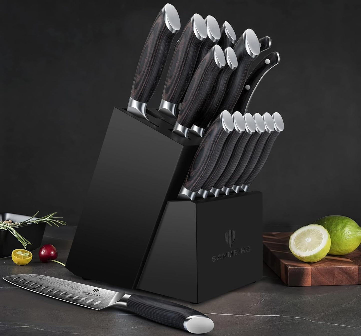 16 Pieces Knife Set, Knife Block Set in Powder Steel, Ultra Sharp | Kitchen Knives Set High Hardness Japanese Knife Set with Ergonomic Pakkawood Handle, Chef Knives Set for Kitchen Cooking