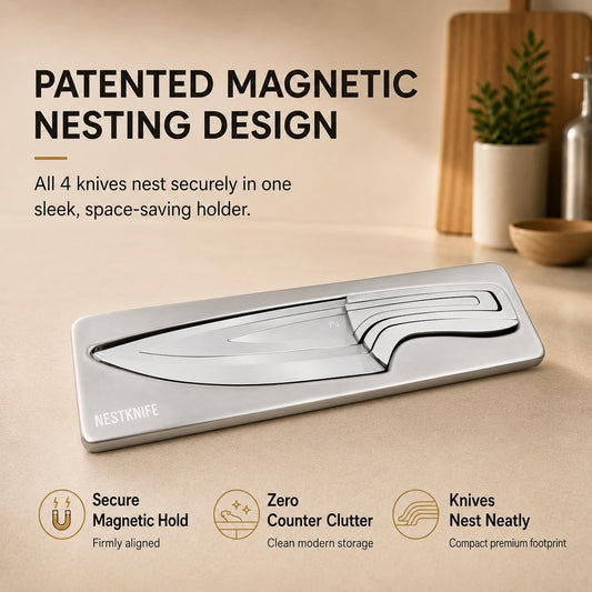 Magnetic Kitchen Knife Set - 4 Piece VG10 High Carbon Stainless Steel Kitchen Knives with Space-Saving Nesting Design & Magnetic Block - Ultra Sharp Professional Chef Knife Set