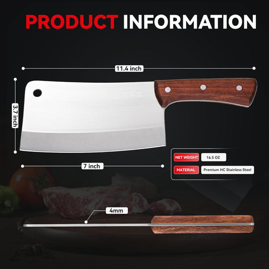 Meat Cleaver, Chinese Chefs Kitchen knife, bone chopper, full tang butcher chopping knife with hanging hole, wooden handle, German Steel, for home and resturant
