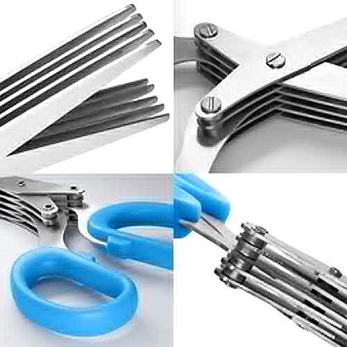 Herbal Scissors Stainless Steel 5 Blade Kitchen Scissors Mince Fresh Herbs & Leafy Greens Kitchen Gadgets Herb Cutter whit Cleaning Comb (Green)