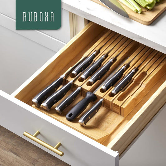 High-Grade 100% Bamboo Knife Drawer Organizer - 12 Slots Plus Sharpener, Secure, Practical, Eco-Friendly Knife Block