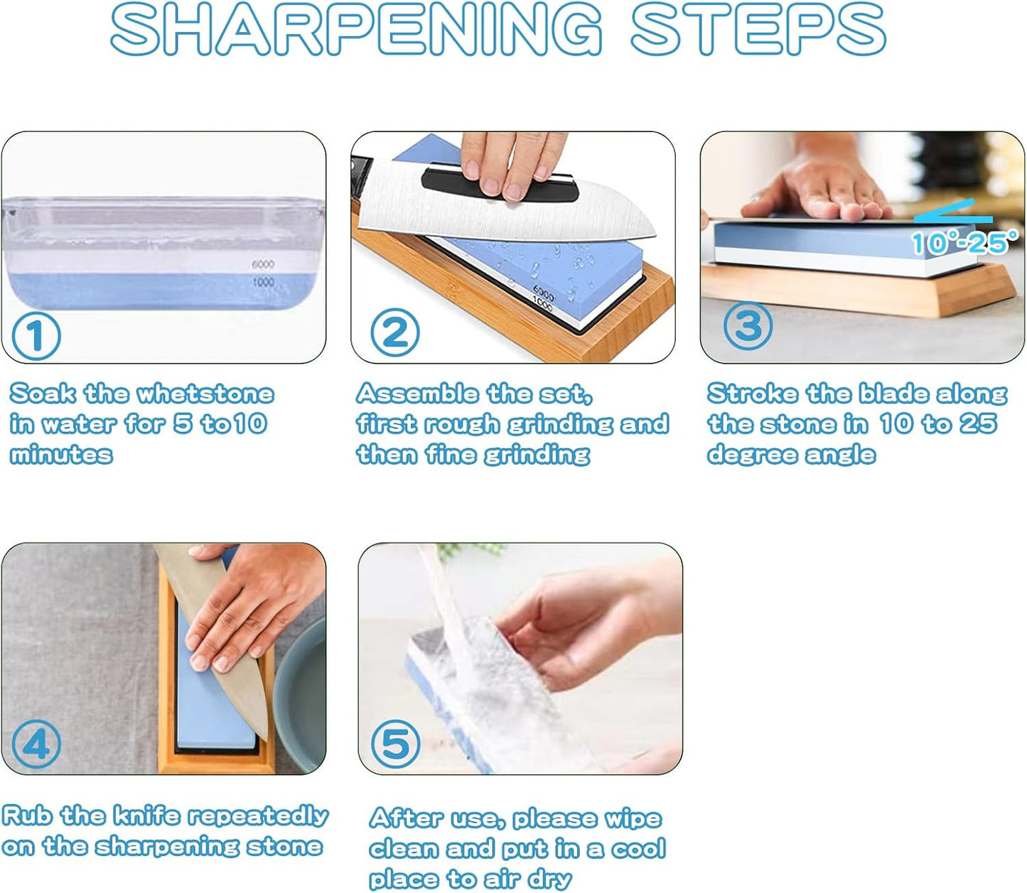 Whetstone Knife Sharpening Stone Kit: Double Straight Chef Sharpener Set - 200/800 1000/6000 Coarse Fine Grit kitchen Professional 2 Sided Honing Wet Stones Slip-Resistant Bamboo Base and Angle Guide