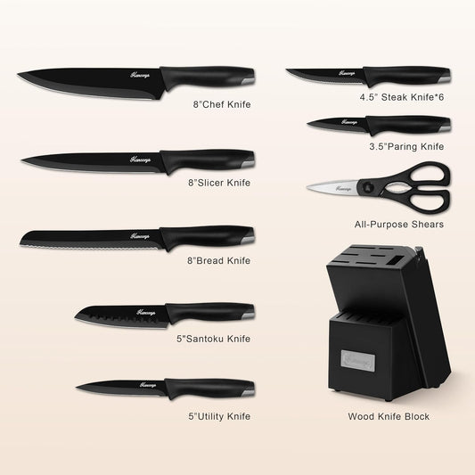 15 PCS Black Knife Set for Kitchen with Block, Built-In Sharpener | German High-Carbon Stainless Steel Nonstick Ceramic Anti-Rust Coating Blades, Ergonomic Handle, Ultra Sharp Cooking Knives
