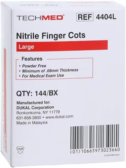 TEC 4404L Tech-Med Nitrile Finger Cot, Large, 0.08 mm Thickness (Pack of 144)