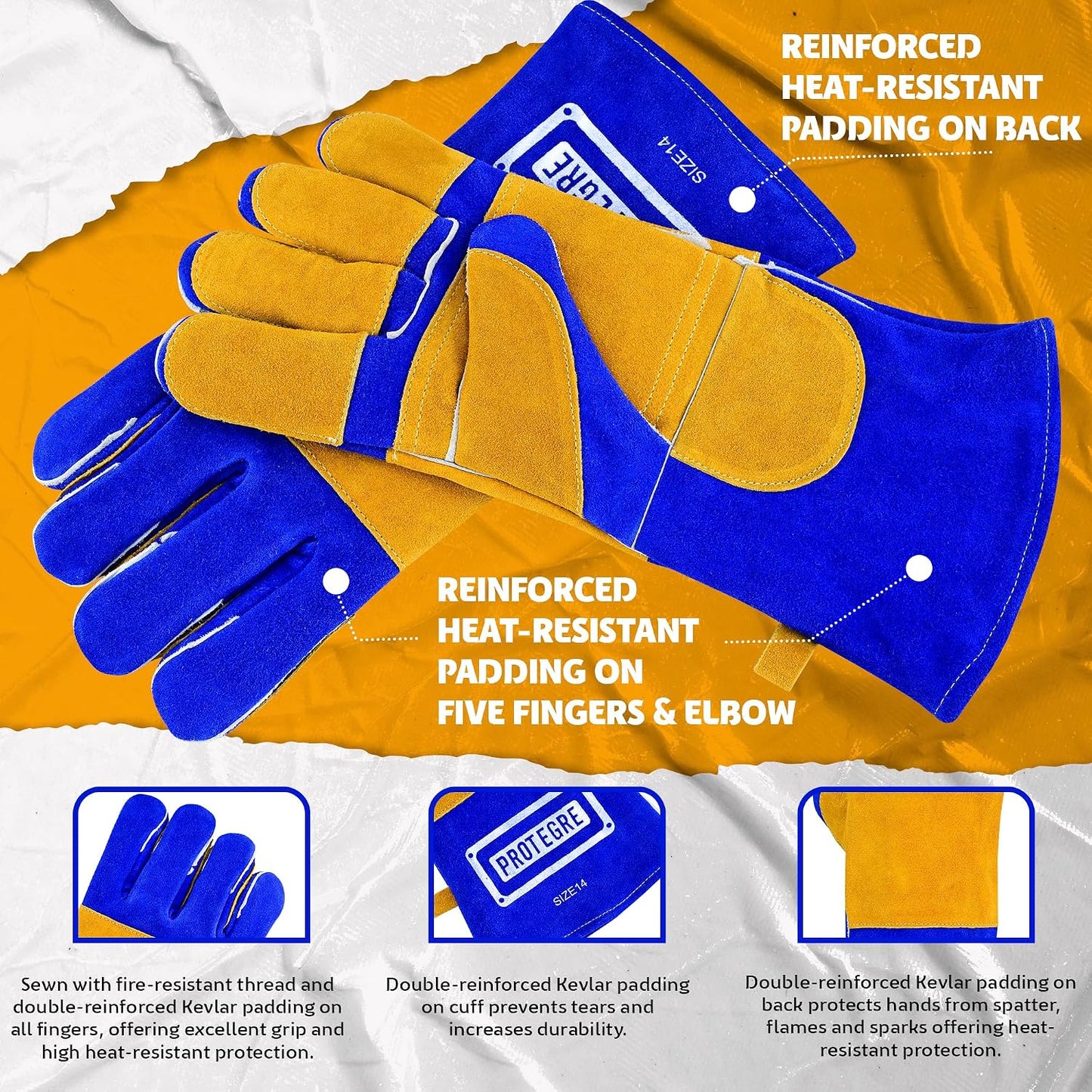 Welding Gloves 14” – 932°F Heat Resistant Leather Gloves with Kevlar – Heavy Duty BBQ & Cooking Gloves for Grill, Oven, Stove, Fireplace, Welding, Forge, MIG, TIG & High Heat Protection