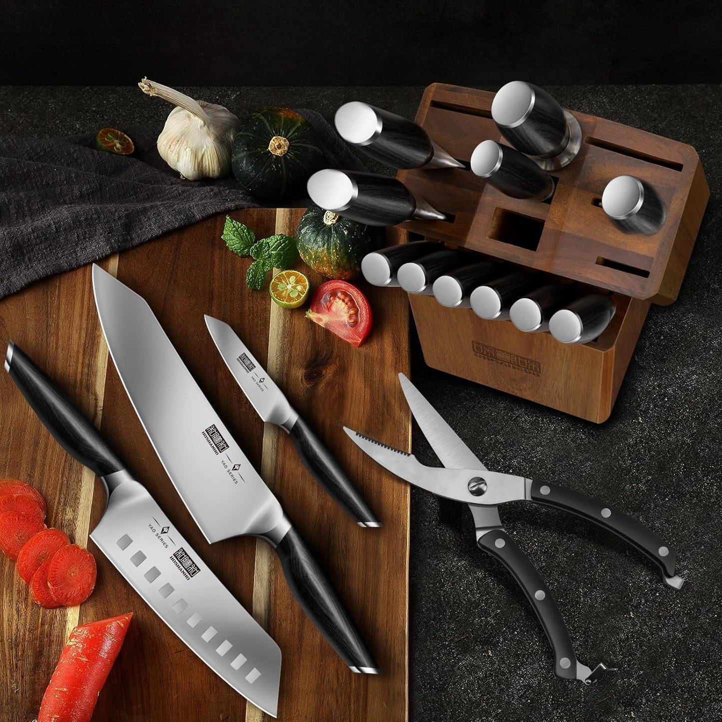 16-Piece Kitchen Knife Set with Block, Ultra Sharp Chef Knife Set | High Carbon Powder Steel Knife Block Set, Professional Knife Set with Sharpener, Ergonomic Pakkawood Handle