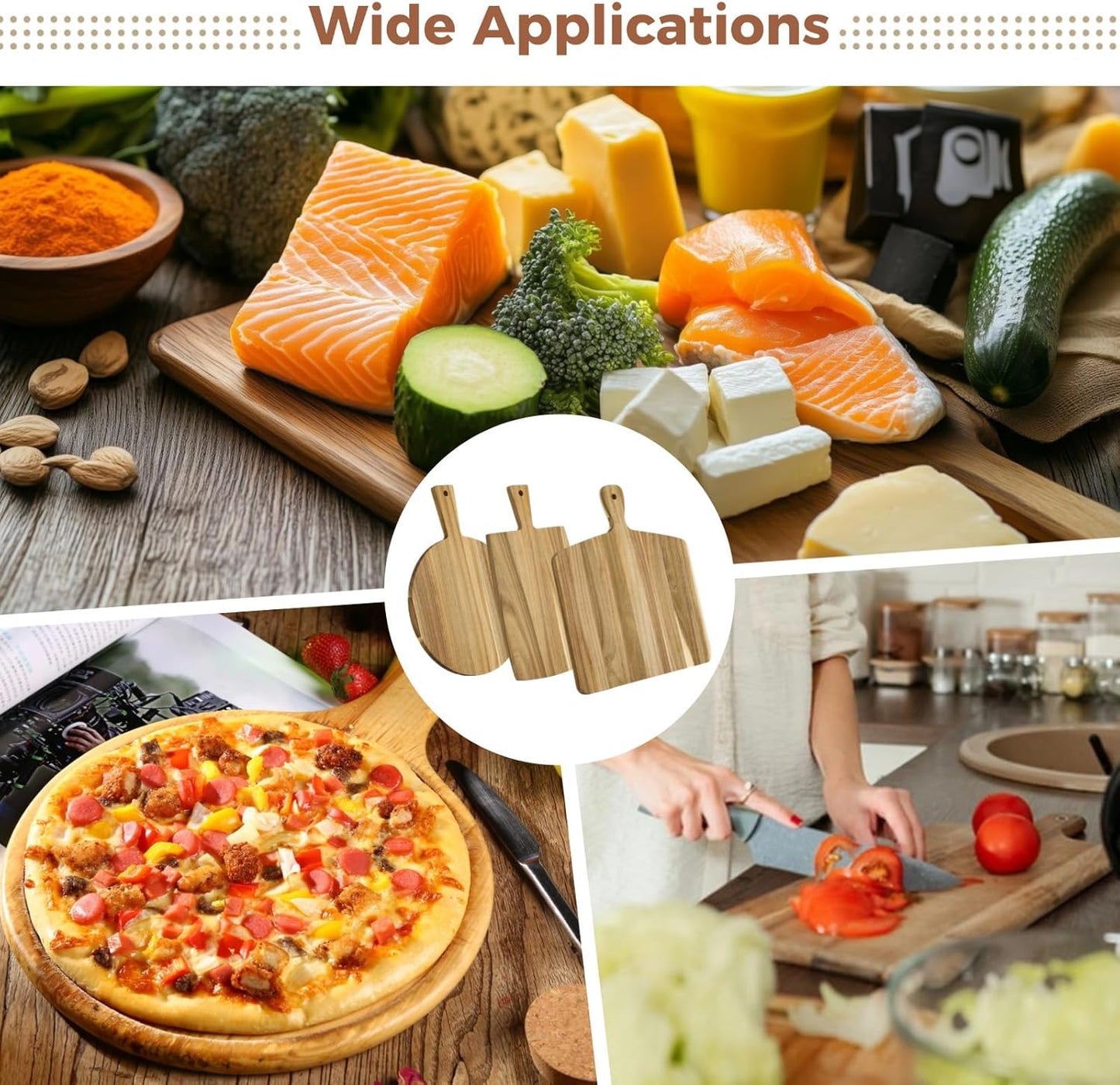 3 Pcs Acacia Wood Cutting Board Set with Easy-Grip Handle, Assorted Sizes Large Kitchen Chopping Boards, Hygienic Wooden Charcuterie Serving Platter for Cheese, Meat, Pizza, Vegetables, Bread