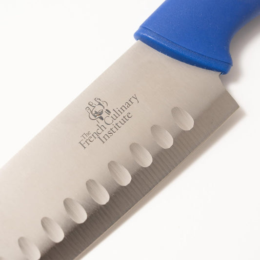 French Culinary Institute Premium 7-Inch Santoku Knife with Blade Protector, Blue