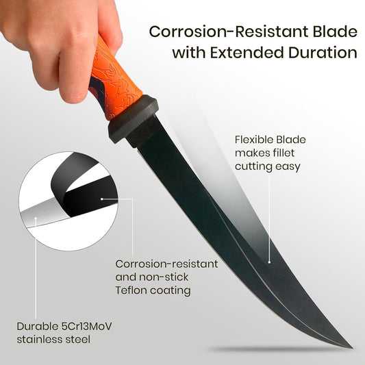 9'' Fixed-blade Fillet Knife, High Strength 5Cr13MoV Stainless-steel Blade, Professional Fish Filet Knife for Boning, Fishing Gear Tackle with Non-Slip Handle Sheath Tungsten Sharpener, Red