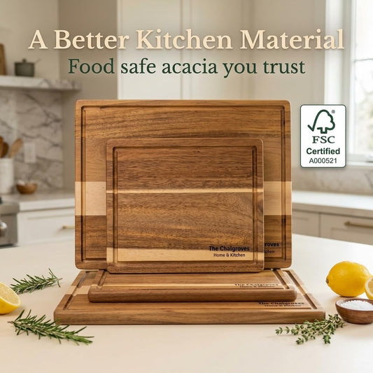 Indonesian Acacia Wood Cutting Board Set of 3 | Extra Thick 0.8″ Wooden Chopping Boards with Deep Juice Grooves | FSC Certified | Warp-Resistant & Knife-Friendly | Large, Medium & Small