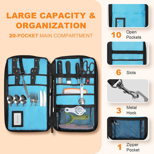 Chef Knife Bag with 20-Pockets Professional Knife Sheath Storage Case | Crossbody Shoulder Strap, Top Handle, Cooks & Culinary Tools Organizer Holder for Kitchen Travel Cooking Utensils