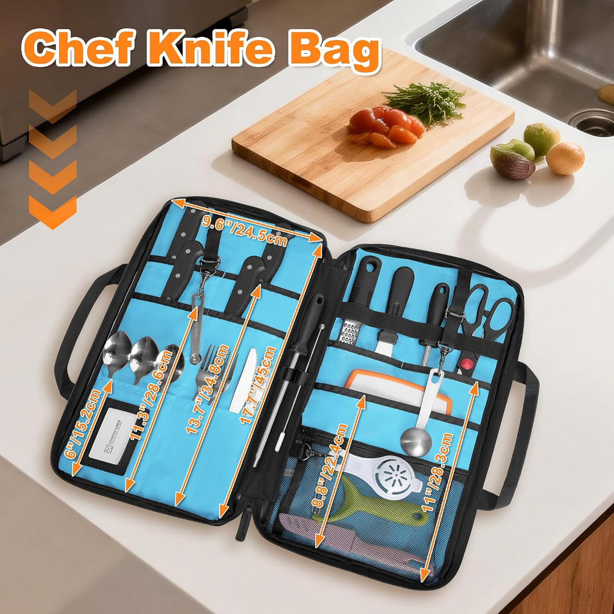 Chef Knife Bag with 20-Pockets Professional Knife Sheath Storage Case | Crossbody Shoulder Strap, Top Handle, Cooks & Culinary Tools Organizer Holder for Kitchen Travel Cooking Utensils