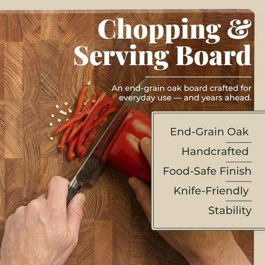 End Grain 12"x10" European Oak Wood Cutting Board with Non-Slip Feet & Handles, Charcuterie Board, Knife-Friendly, Serving Cutting Board for Kitchen
