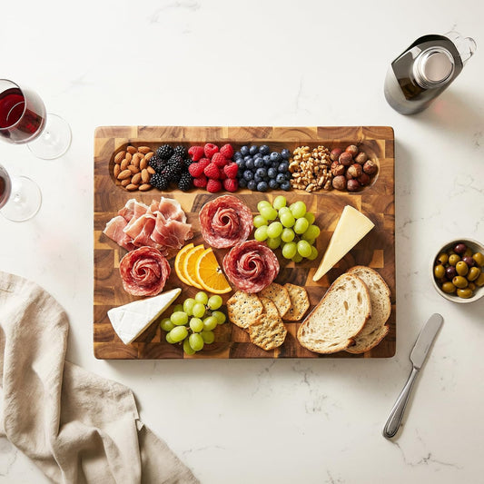 Acacia Wood End Grain Cutting Board, Medium 17 x 13 x 1.5in, Knife-Friendly Butcher Block with Juice Groove, Inner Handles, Food Well, Reversible Heavy-Duty Serving & Chopping Board, Gift Box Included