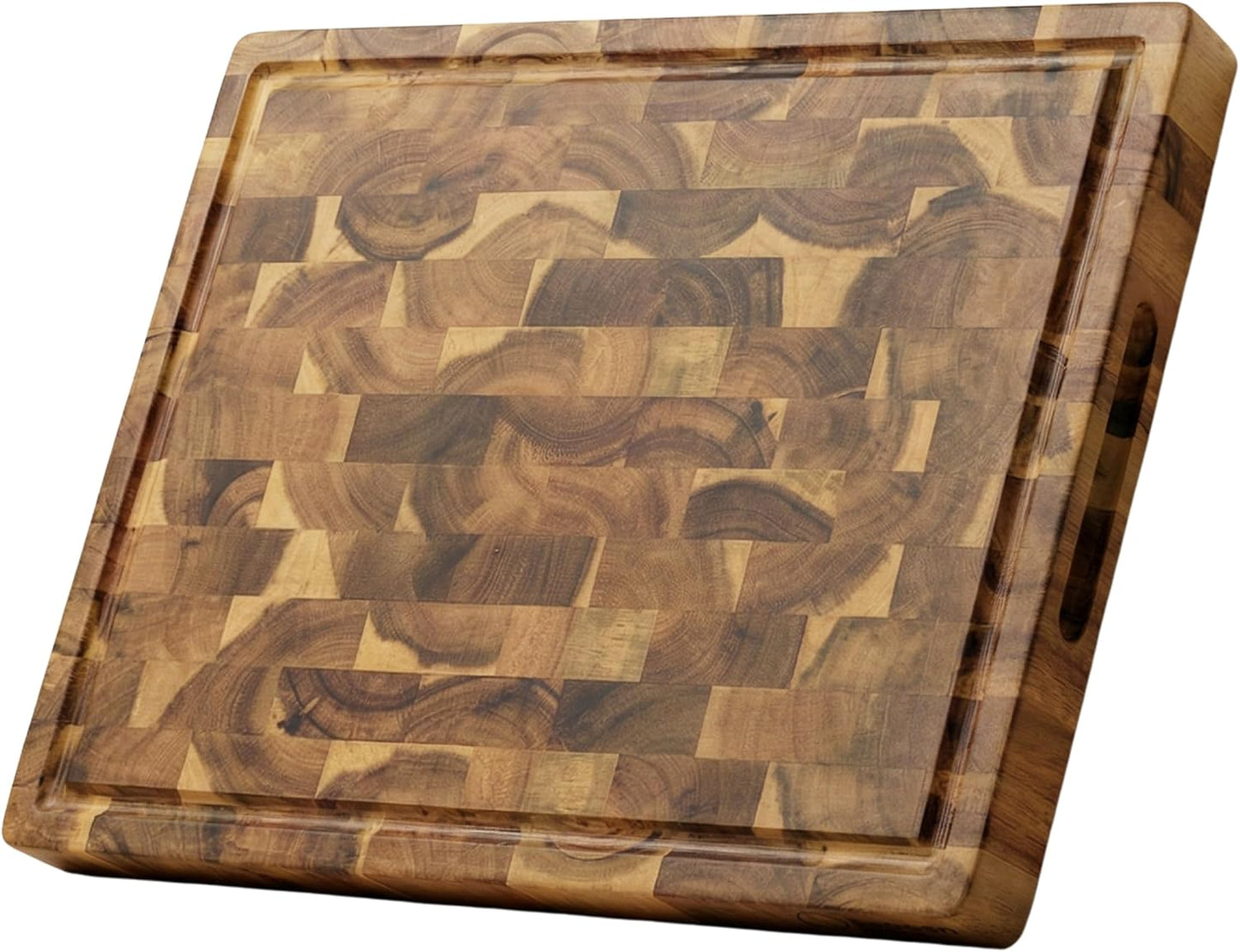 Acacia Wood End Grain Cutting Board, Medium 17 x 13 x 1.5in, Knife-Friendly Butcher Block with Juice Groove, Inner Handles, Food Well, Reversible Heavy-Duty Serving & Chopping Board, Gift Box Included