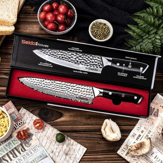 Seido Shujin 8 Inch VG10 Damascus Gyuto Chef Knife, Black G10 Handle | Traditional Japanese-style gyuto with VG10 Damascus blade and black G10 handle for balanced slicing and prep.
