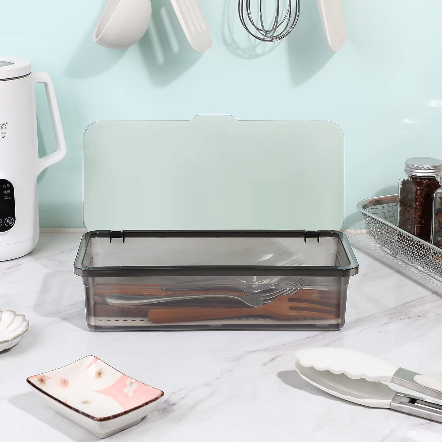 Cabilock Silverware Organizer with Lid Covered Silverware Tray for Drawer and Countertop,Uensil Drawer Organizer Flatware Storage Box for Chopsticks Spoons Forks Knives Holder