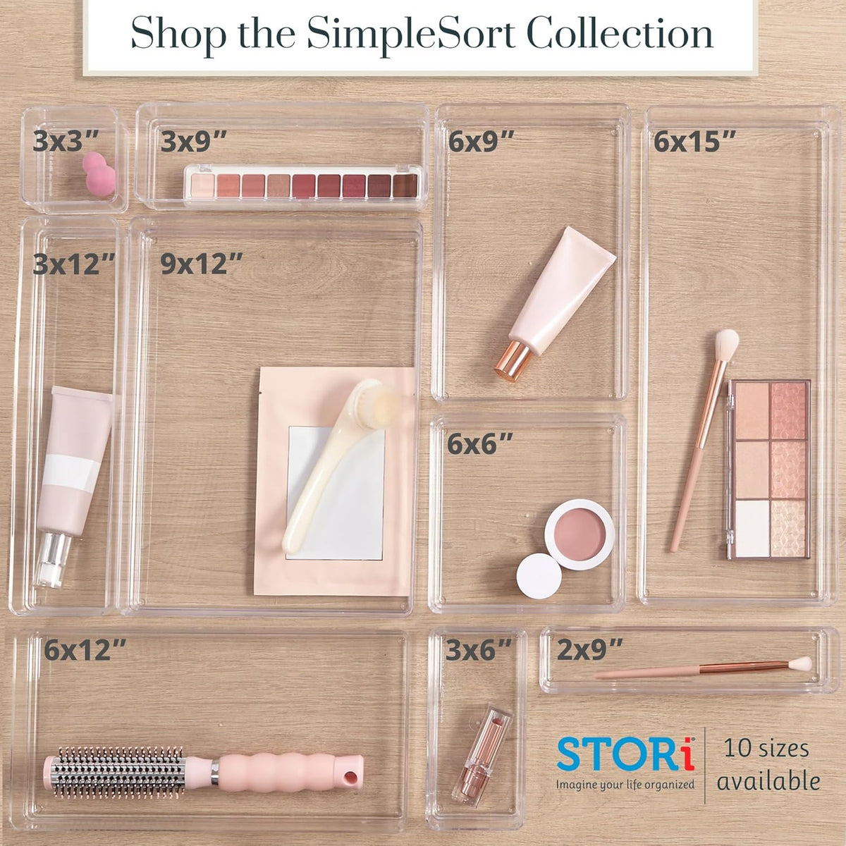 SimpleSort 3-Piece Stackable Clear Drawer Organizer Set | 9" x 6" x 2" Rectangle Trays | Wide Makeup Vanity Storage Bins and Office Desk Drawer Dividers | Made in USA
