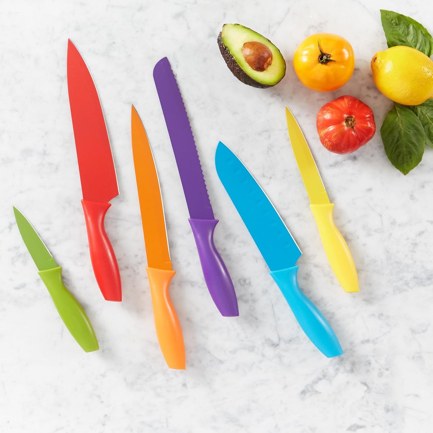 Color-Coded Dishwasher Safe Kitchen Knife Set, 12-Piece with Ergonomic Handles, Non-stick Sharp Blades, 6 Knives with 6 Blade Guards, Multicolor, 13.88 x 4.13 x 1.38 inch