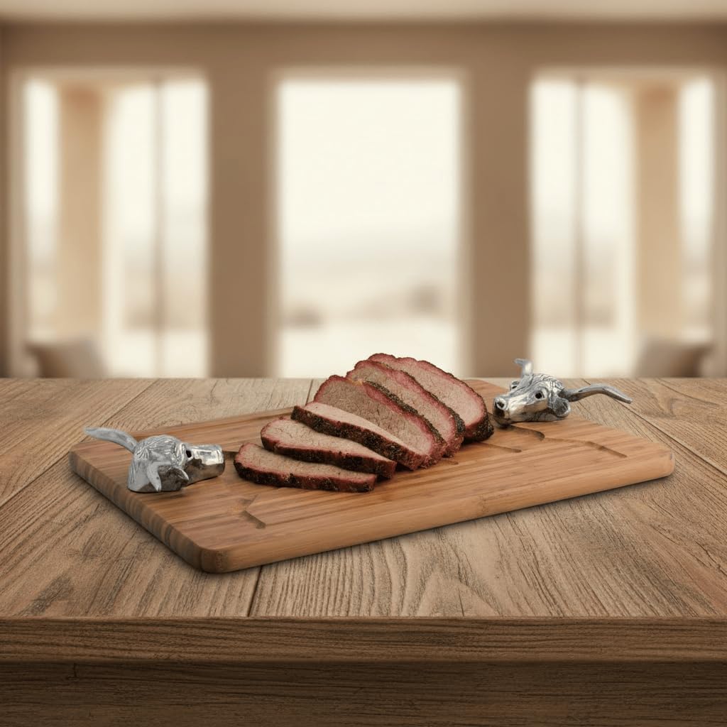 Longhorn Carving Board - Bamboo Wood with Aluminum Handle - Perfect for Serving Meats or Appetizers - 20 x 13 Inches