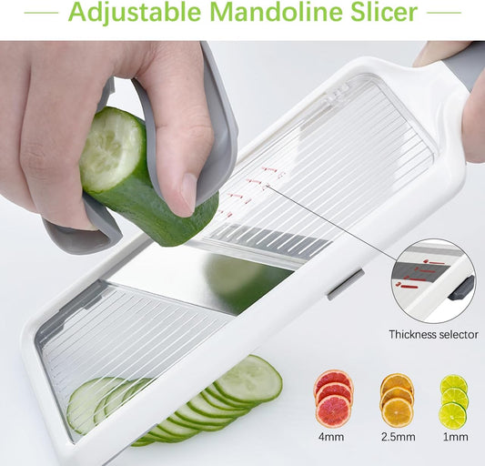 Multi Handheld Mandoline Slicer - Adjustable Stainless Steel Blade | Hand Guard & Peeler Included, 1-4 mm Adjustable,Non-Slip Grip, Easy Rinse Clean, Space Saving, For Salad Stir-Fry Meal Prep