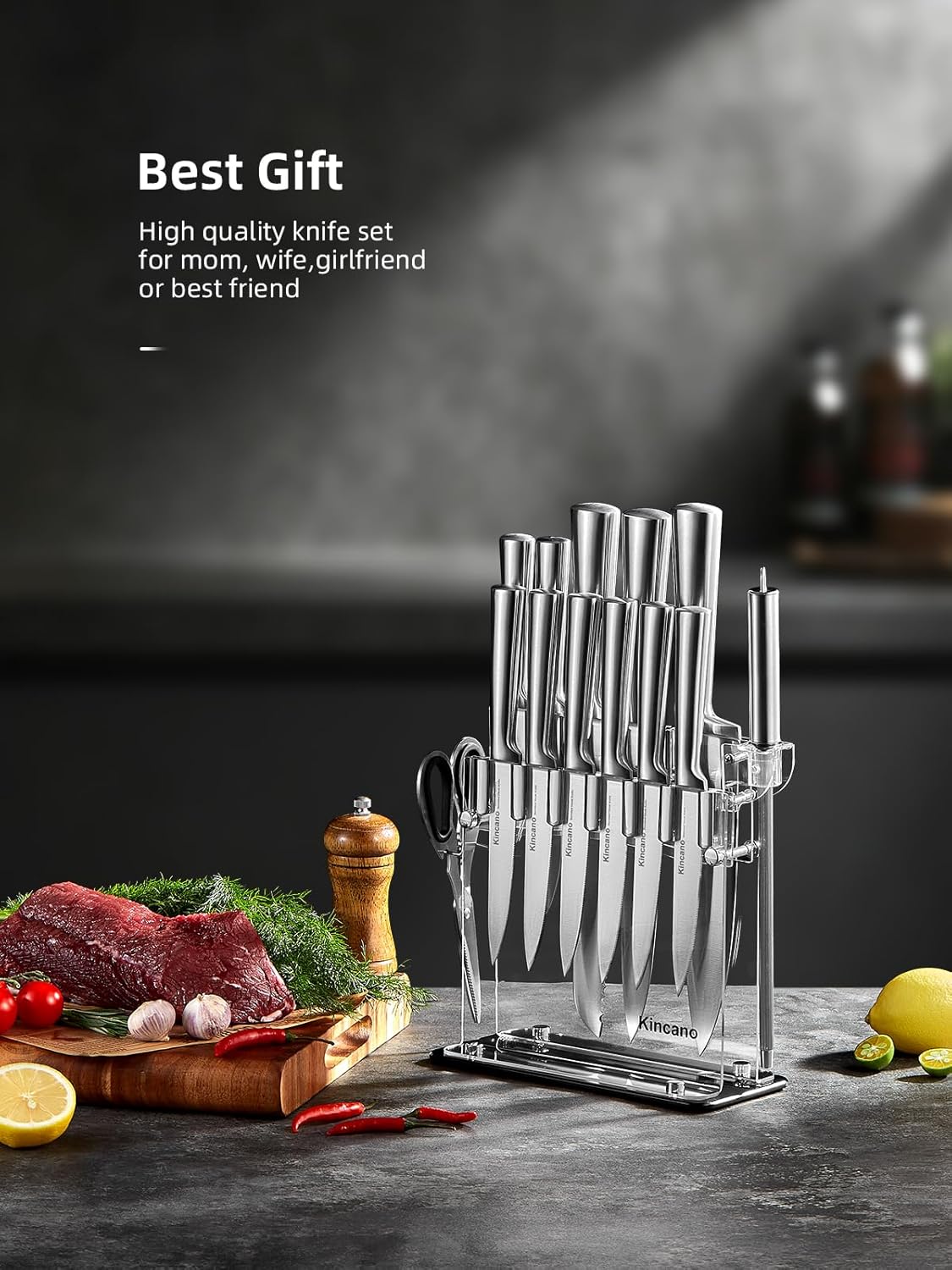 Knife Set, 14 PCS High Carbon Stainless Steel Super Sharp Kitchen Knife Set for Chef with Acrylic Stand, include Steak Knives, Sharpener and Scissors, Ergonomical Design