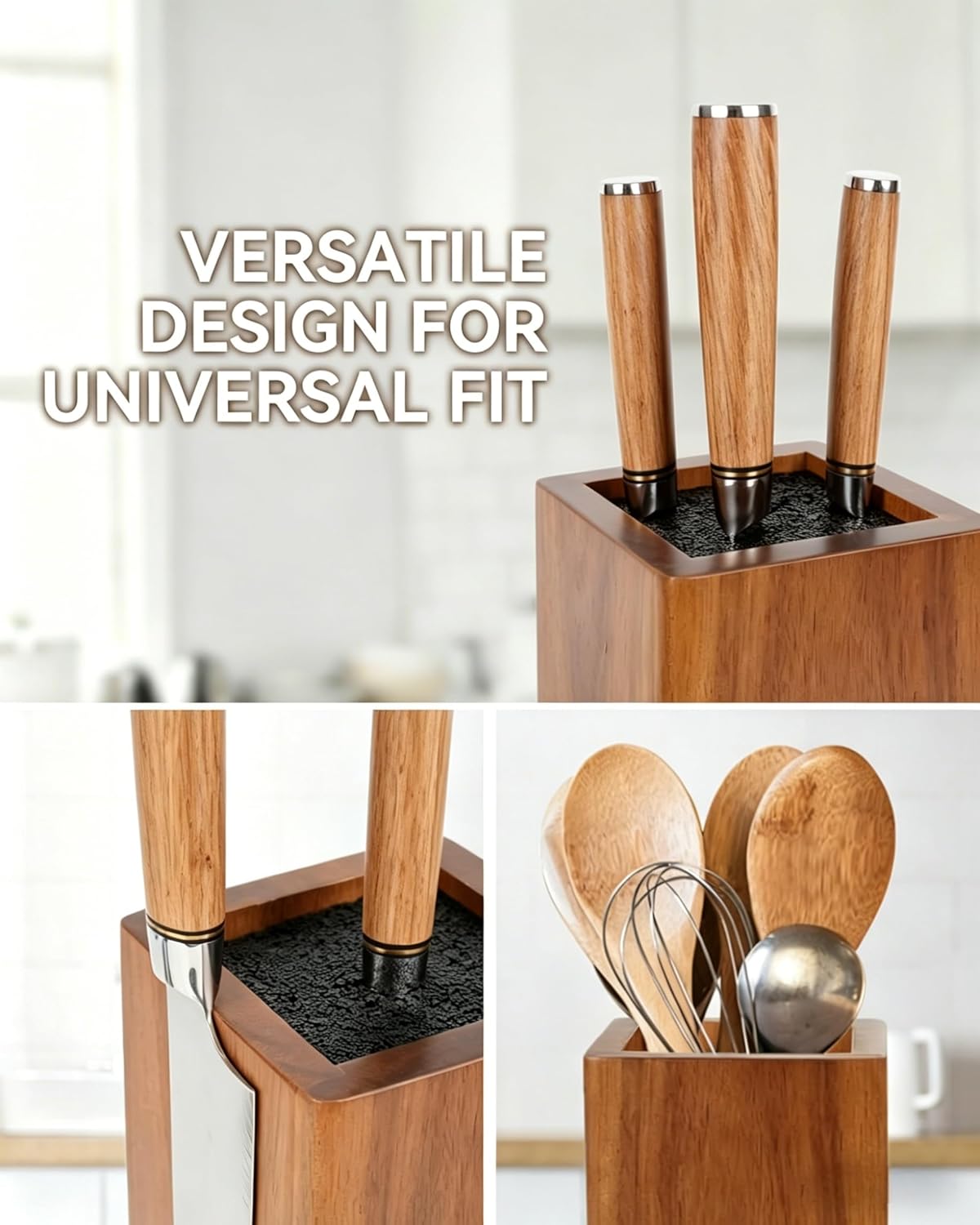 Magnetic Knife Block 360° Rotating Wood Universal Knife Holder with Four Side Ultra Strong Magnets, Knife Storage Rack with Removable Bristles, Multifunctional Storage for Kitchen Counter Top