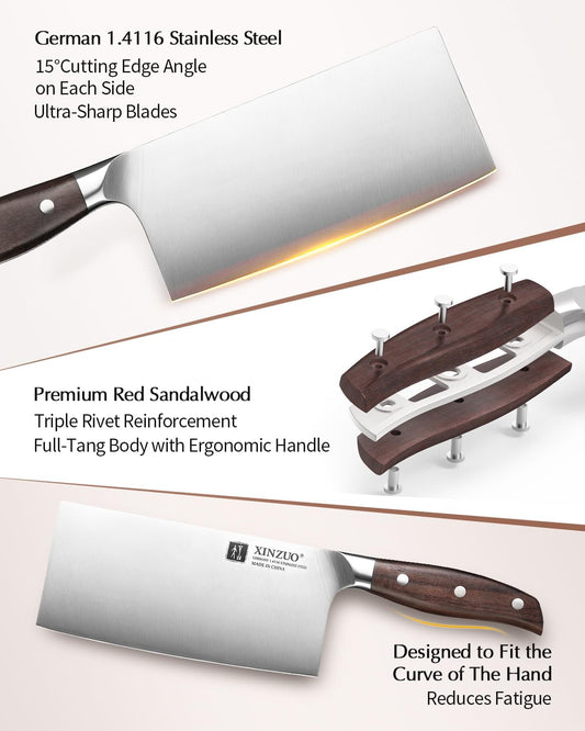 Meat Cleaver Knife, 7 Inches German Stainless Steel Chef Cleaver Knife,Vegetable Meat Cleaver,Multifunction Chopper Butcher Knife,Chinese Chef Knife, Ultra Sharp, Red Sandalwood Handle