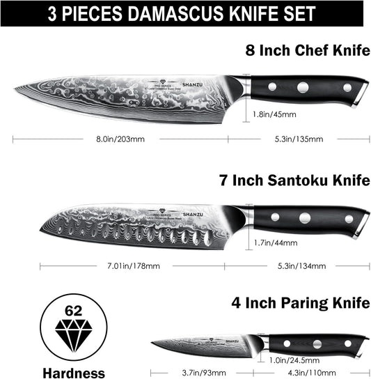 Damascus Knife Set, Japanese Super Steel 3 PCS Damascus High Carbon Professional Ultra-Sharp Kitchen Chef Knife Set with G10 Handle Gift Box | Damascus High Carbon Professional Ultra-Sharp Kitchen Chef Knife Set with G10 Handle Gift Box