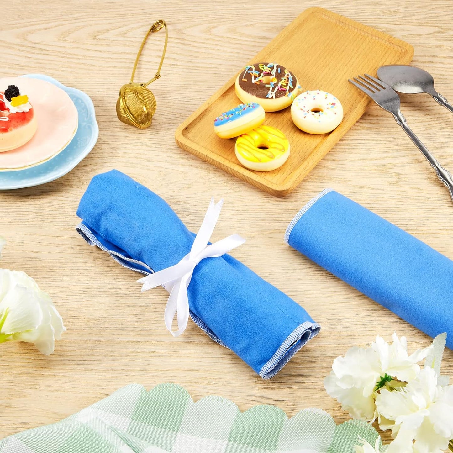 Silver Storage Bags Anti Tarnish Silver Protector Bags Blue Holder for Silverware Flatware Storage Organizer Cloth Place Setting Roll with White Ribbon for Teaspoon Utensils(6 Pieces)