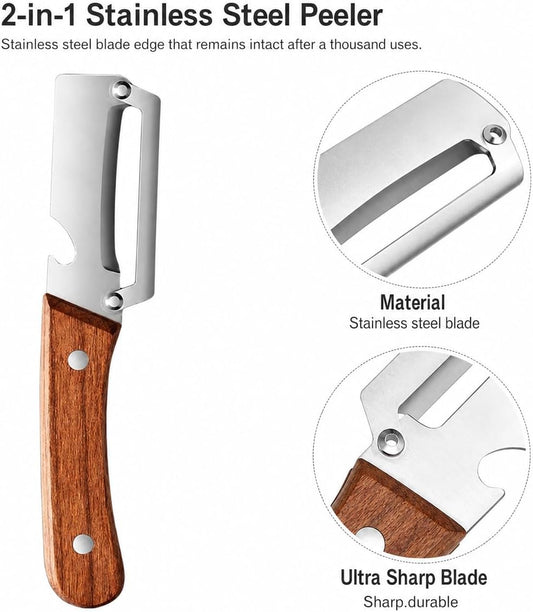 Multifunctional Stainless Steel Vegetable Veggie Peeler For Kitchen | Durable Wooden Handle Vegetable Peeler Suitable For Food Such As Potatoes, Carrots, Cucumbers, Peaches, Zucchini, And Cabbage