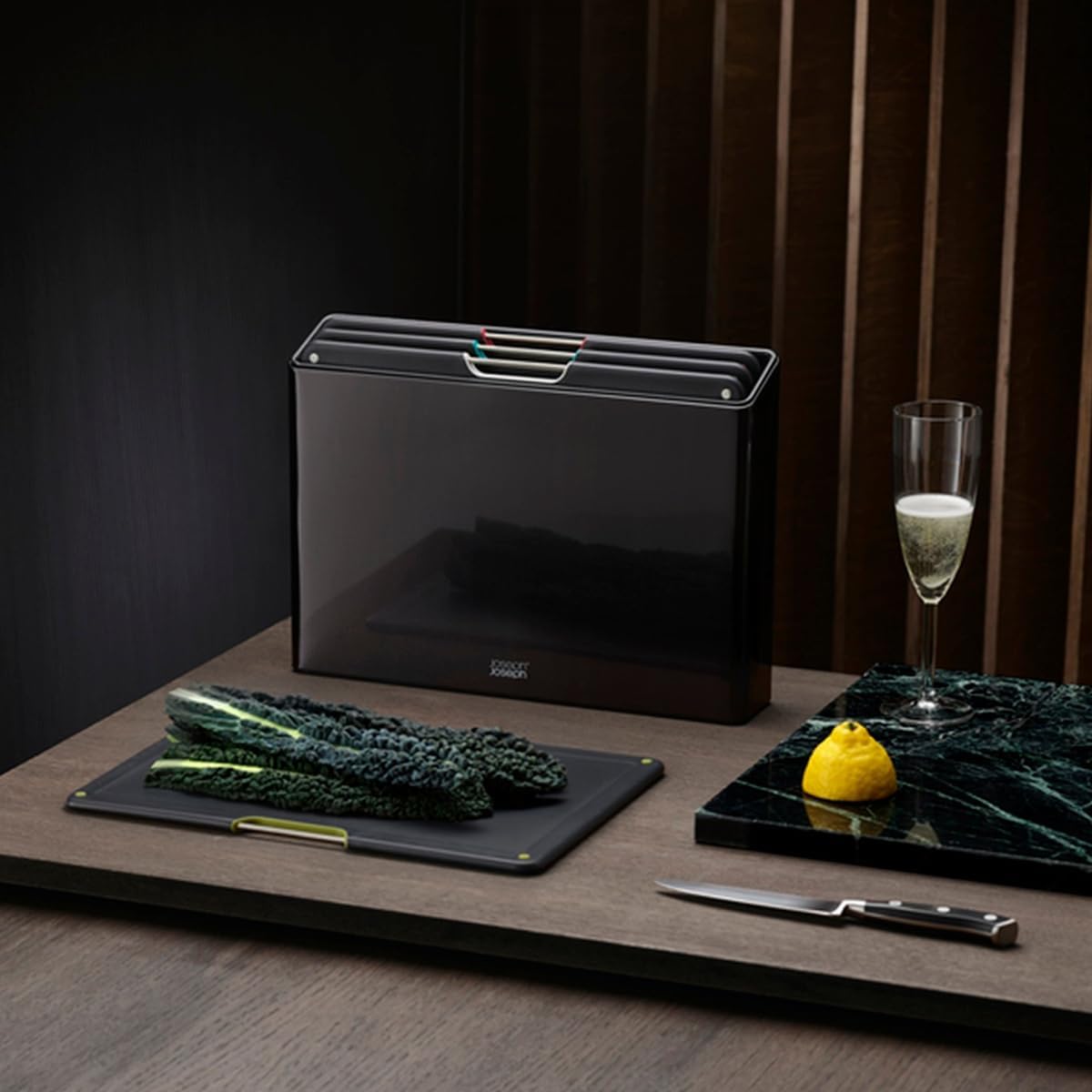 Folio 4-Piece Colour coded Cutting Board Set, Stainless Steel Slimline case for organized Kitchen storage, Rose Gold