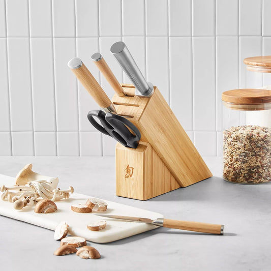 Classic Blonde 6-Piece Knife Block Set with Damascus Steel | Includes 8" Chef's, 4" Paring, 6" Serrated Utility Knife & Shears, Damascus Stainless Steel Cladding, Pakkawood Handle