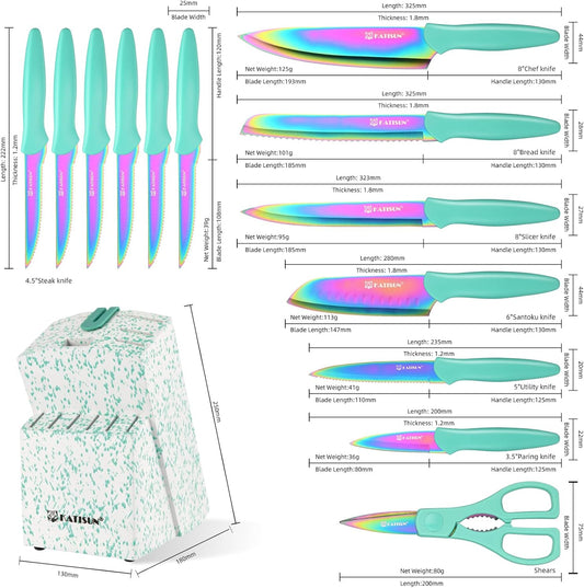 Kitchen Knife Set with Block, 15 Piece Rainbow Titanium Coated Stainless Steel Knives Set, Built in Sharpener, Anti-Rust and Dishwasher Safe, 12 Knives with Kitchen Shears and Block