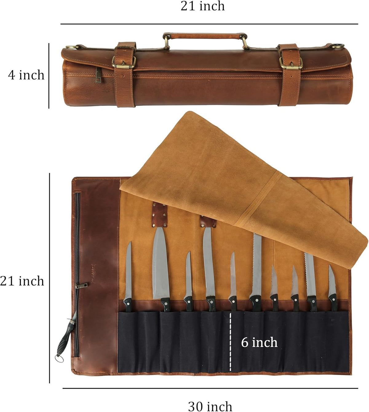 Leather Multipurpose Knife Roll for Chefs – 11 Slots Professional Knife Roll Bag with Zipper Pocket – 30” x 21” Heavy Duty Chef Knife Case for Travel, BBQ & Kitchen Storage