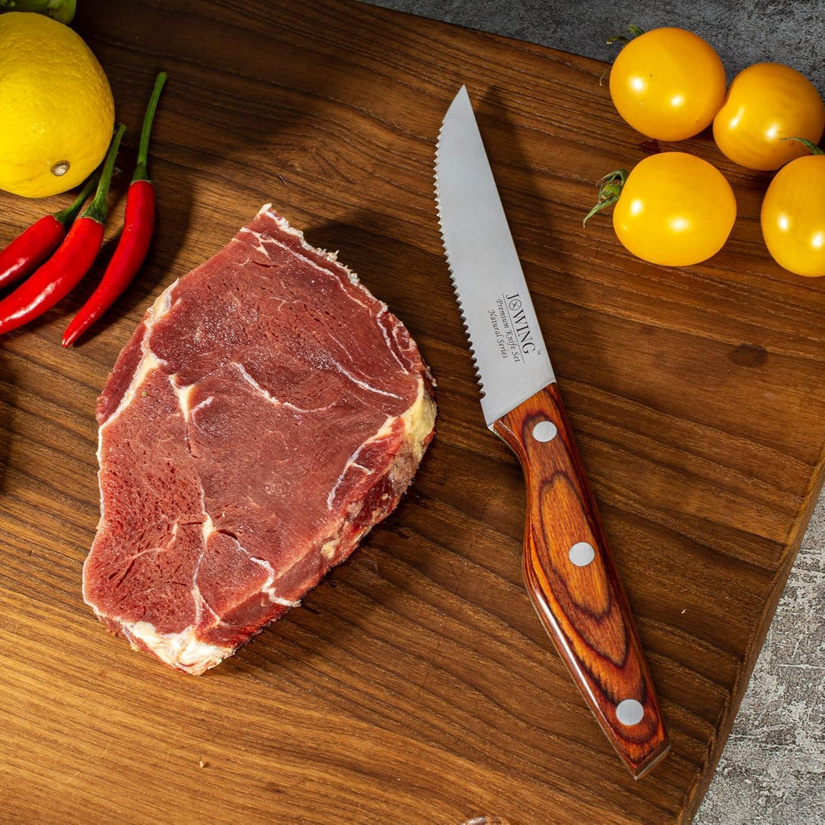 Steak Knives Set of 8, Serrated German Steel, Pakkawood Handles