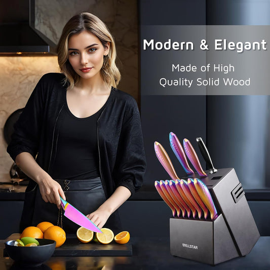 18-Slot Kitchen Knives Block, Large Capacity Natural Wooden Knife Holder without Knives – Modern Hard Wood Counter-top Knife Storage with Built-in 2-Stage Knife Sharpener - Black