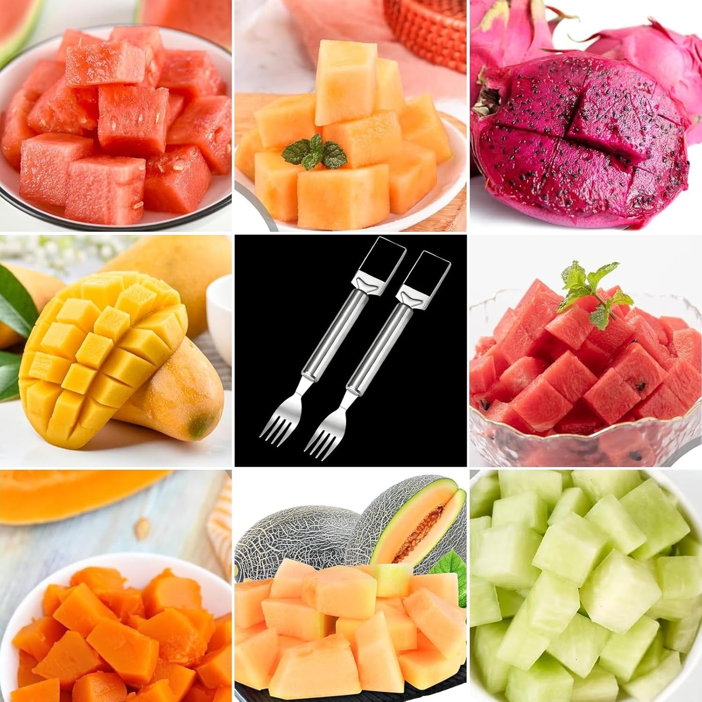 3Pcs 2-in-1 Stainless Steel Fruit Cutter,Watermelon Slicer with Fork,Dual Head Watermelon Fork Slicer Tool for Cubes,Portable for Camping,Picnics,Home,Party
