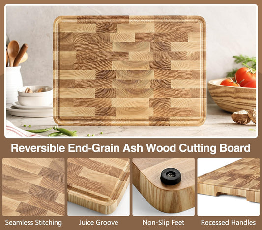 Ash Wood Cutting Board, End Grain Butcher Block for Kitchen, 13.8" x 9.8" x 1", Thick Wooden Chopping Board with Juice Groove, Non-Slip Feet & Side Handles