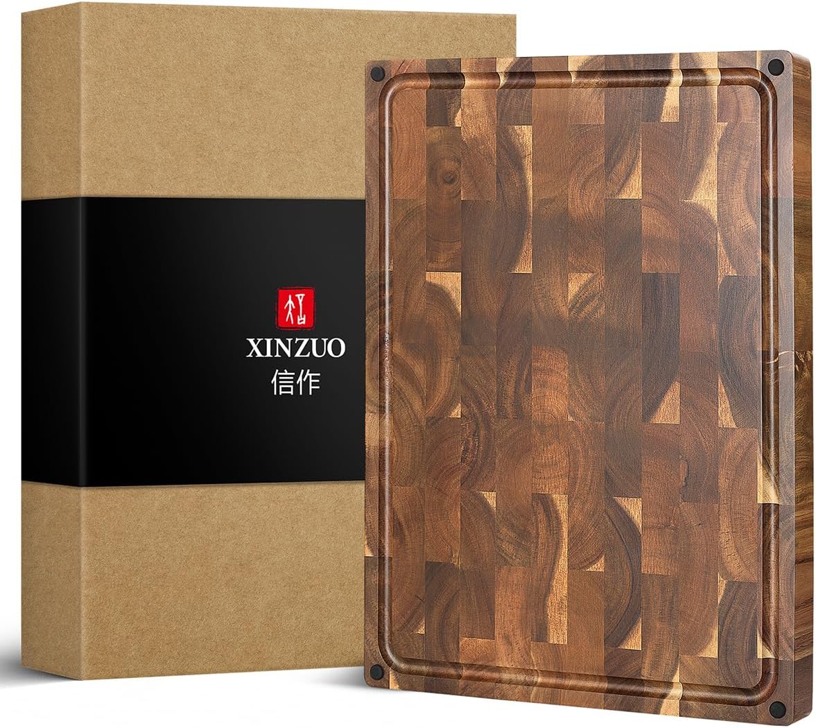 Ash Wood Cutting Board, End Grain Butcher Block for Kitchen, 13.8" x 9.8" x 1", Thick Wooden Chopping Board with Juice Groove, Non-Slip Feet & Side Handles