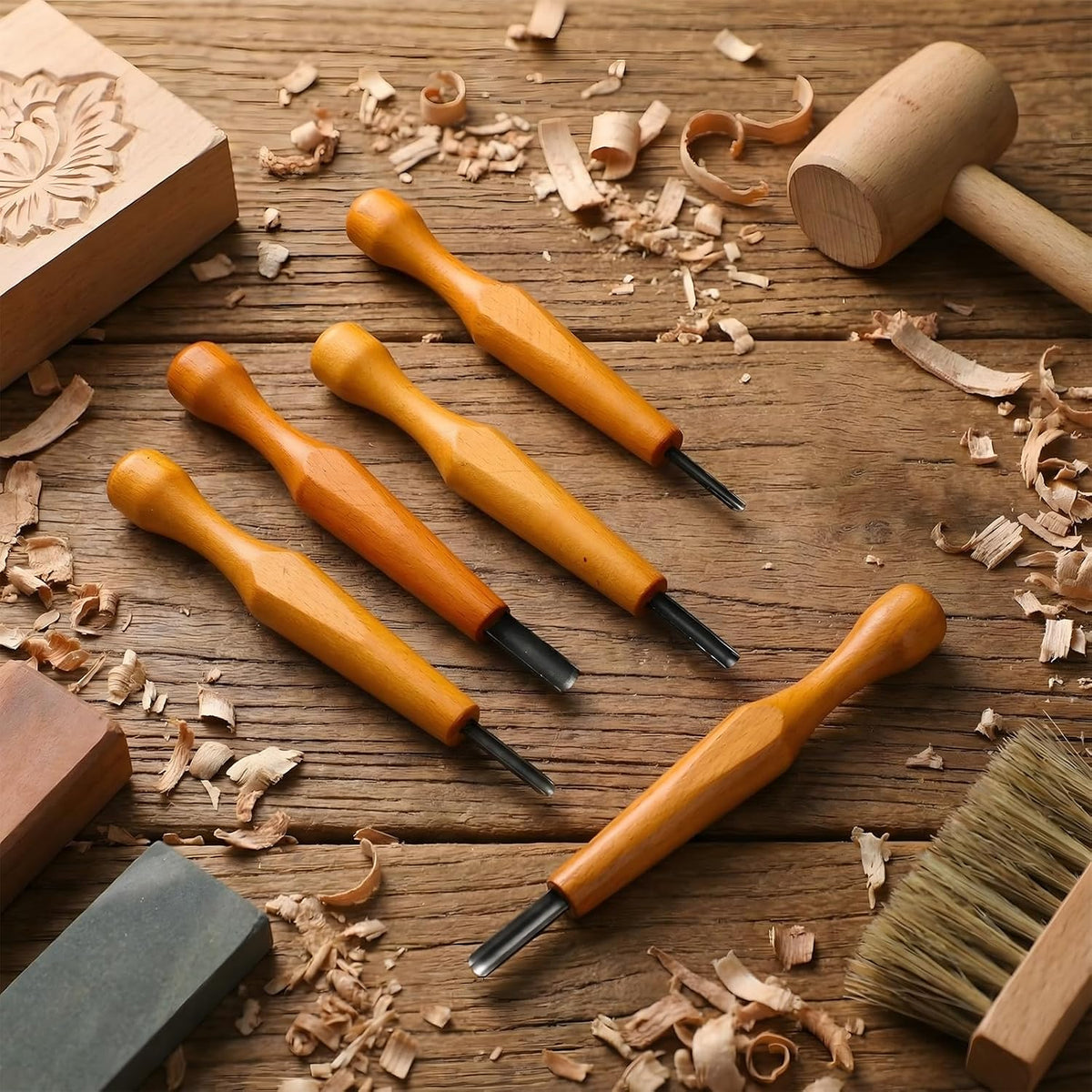 5 Pcs Linoleum Carving Tool Set Wood Handle Linocut,Classic
