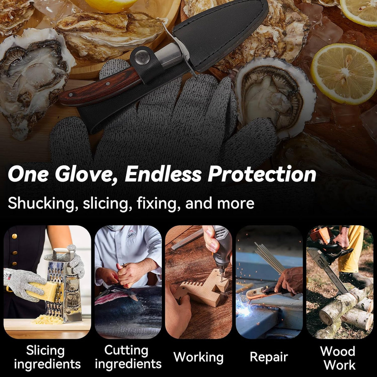 Oyster Shucking Knife Set, Pakkawood Handle, Level 5 Gloves(L)