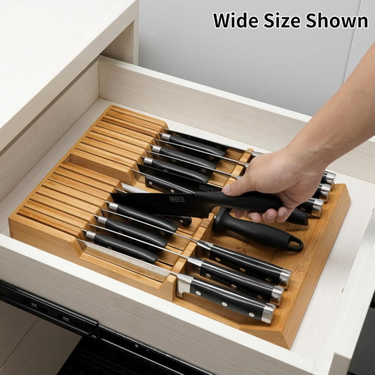In-drawer Knife Block Bamboo Kitchen Knife Drawer Organizer Large, handle Steak knife Holder without Knives, Fit for 16 Knife and 1 Sharpening Steel (Knives & Sharpening Not Included)